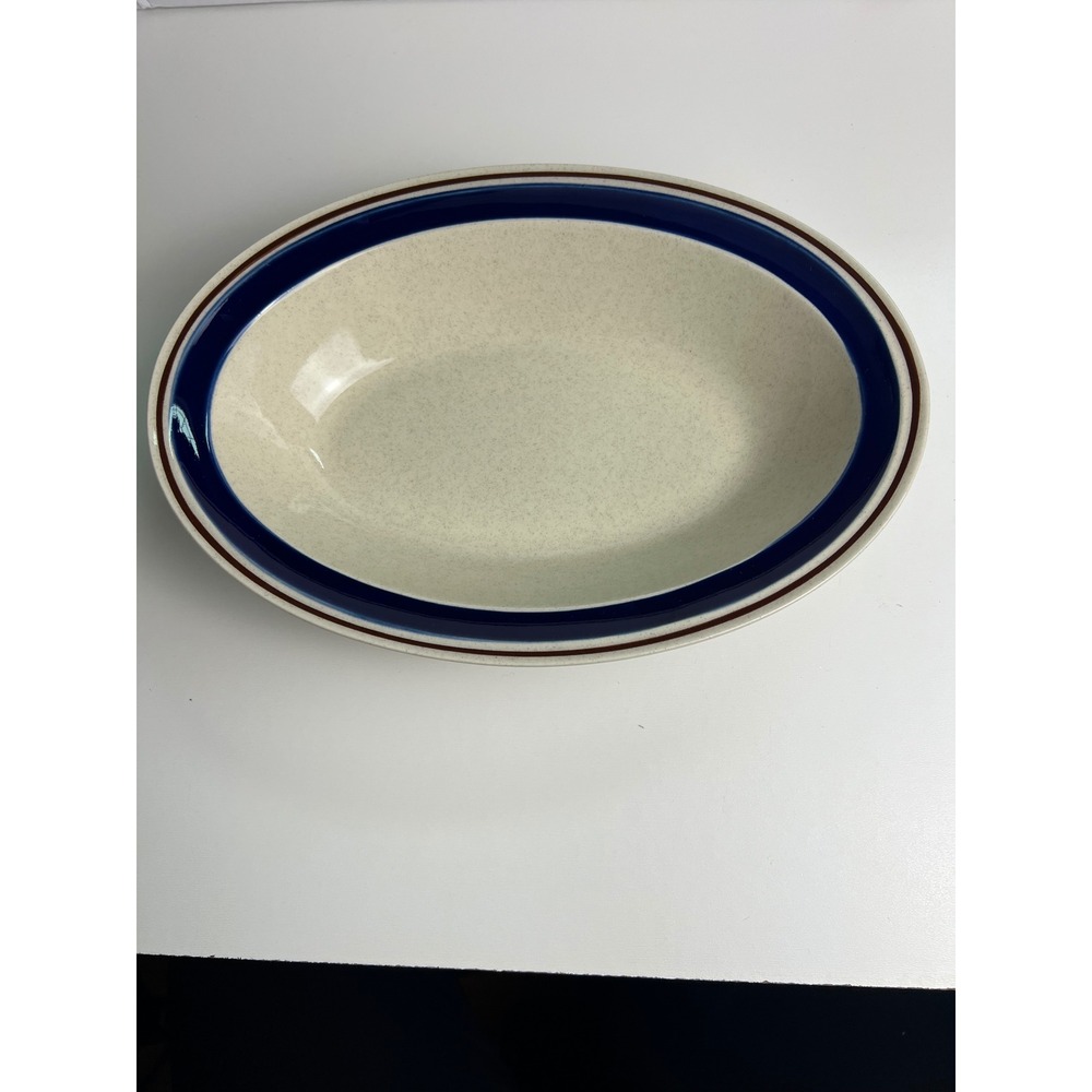 CONTEMPORARY Chateau Hand Painted Stoneware Oval Serving Bowl Blue Brown‎ Stripe